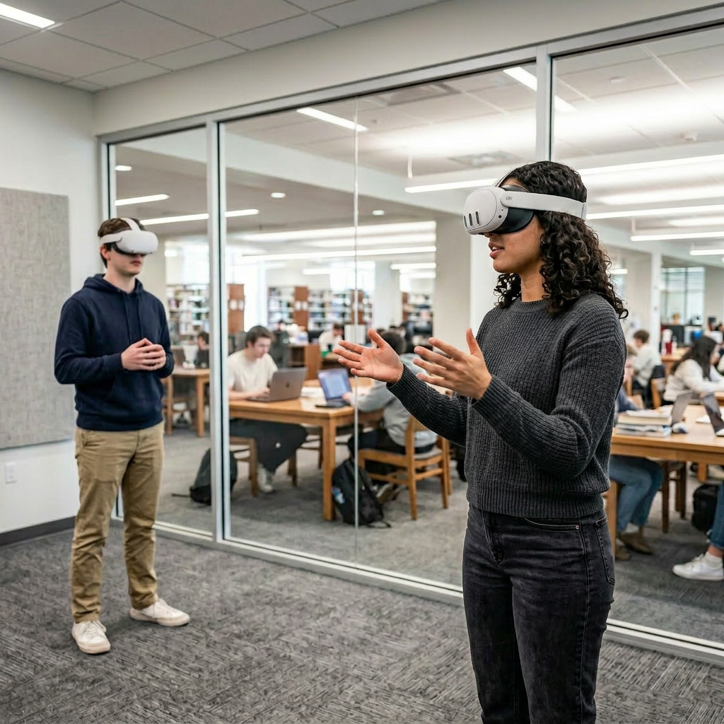Student practicing in a shared VR lab with desktop stations