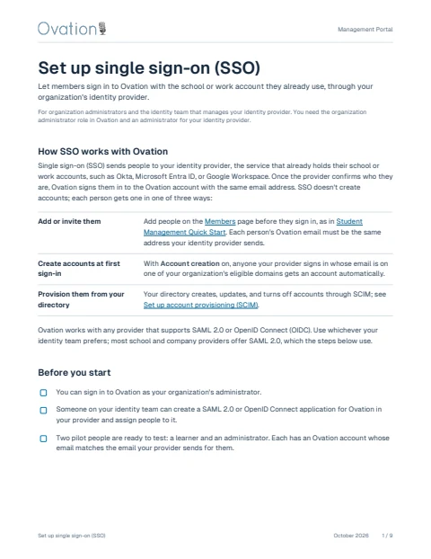 First page of Single Sign-On Guide: Management Portal