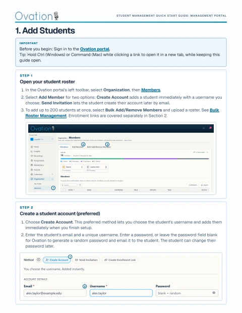 First page of Student Management Quick Start Guide: Management Portal
