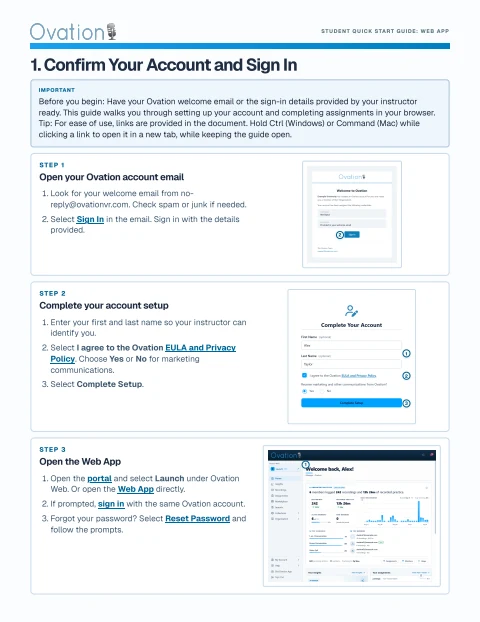 First page of Student Quick Start Guide: Web App